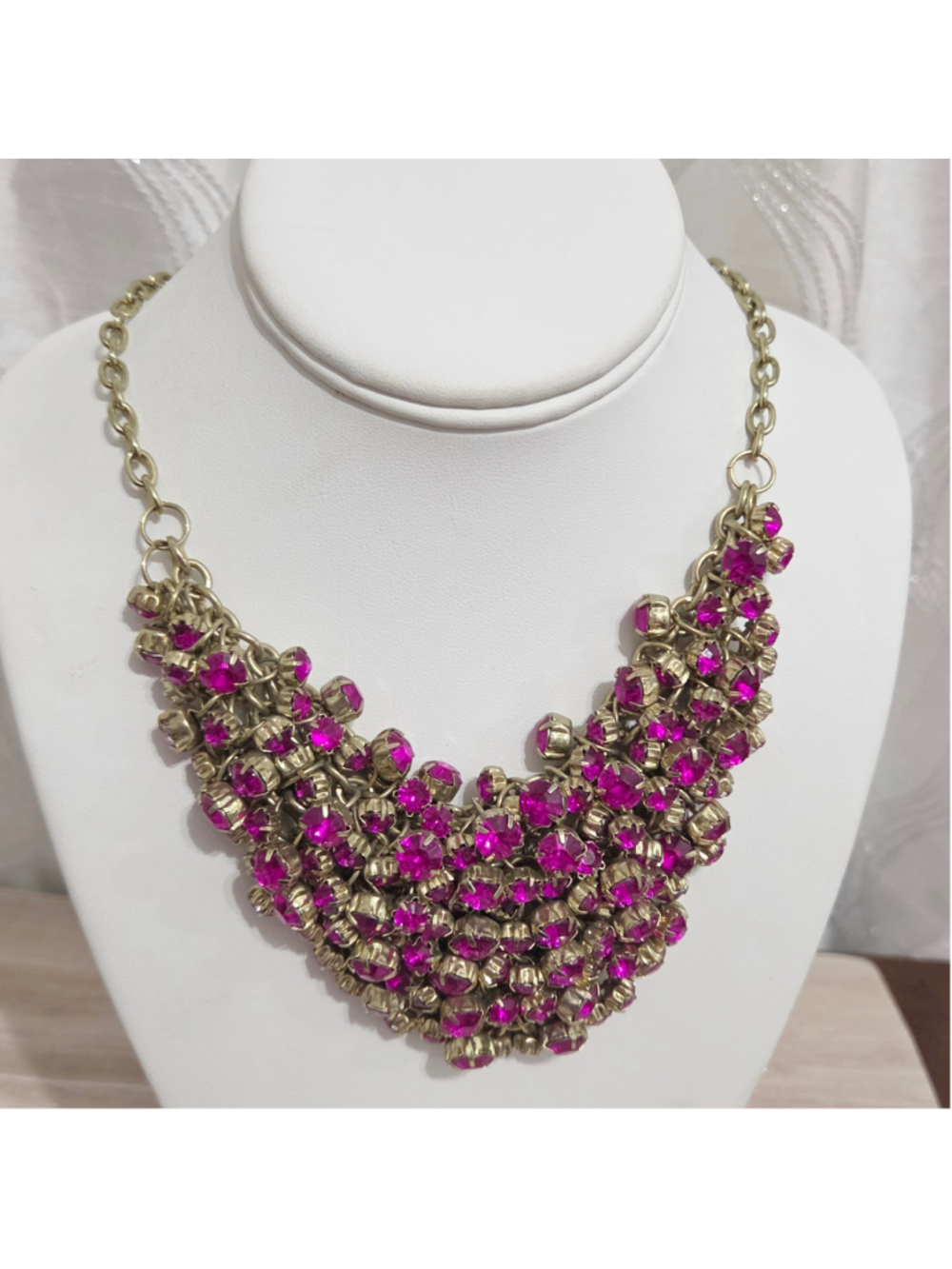 Vintage Statement Necklace Pink Gold Rhinestone Bib
